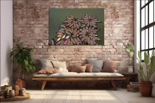 Fotokunst 'Flowers of Boats' aan de muur in woonkamer met bakstenen muur