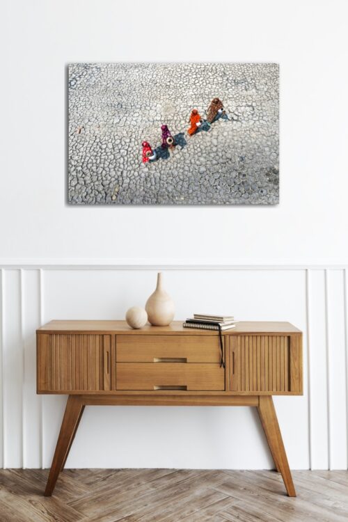 Interieur met kastje en foto 'Drought' op canvas aan de muur