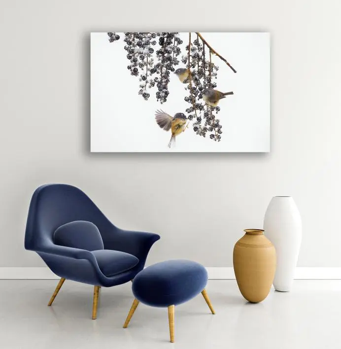 Fotokunst met afbeelding van vogels in de sneeuw aan de muur in woonkamer met blauwe stoel en gele vaas