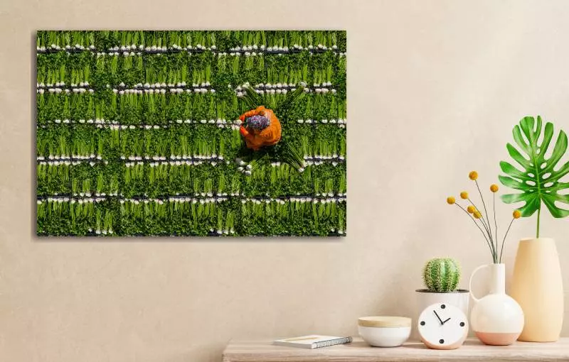 Inspiratie woonkamer met fotokunst op plexiglas aan de muur