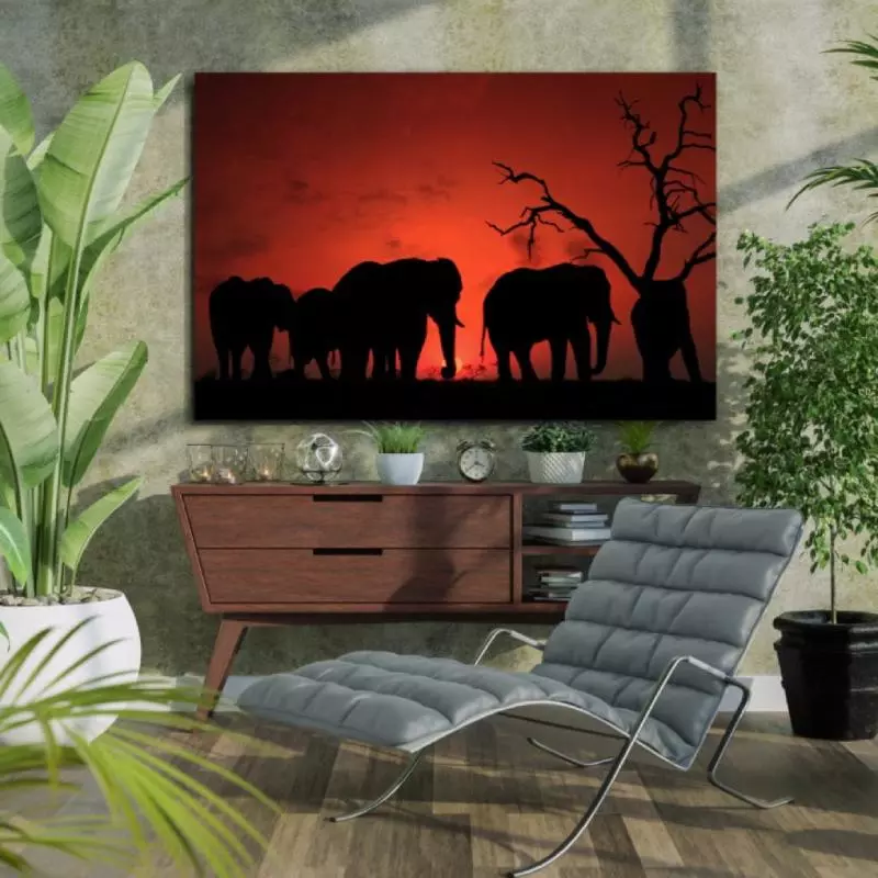 Fotokunst met olifanten aan de muur in interieur met planten